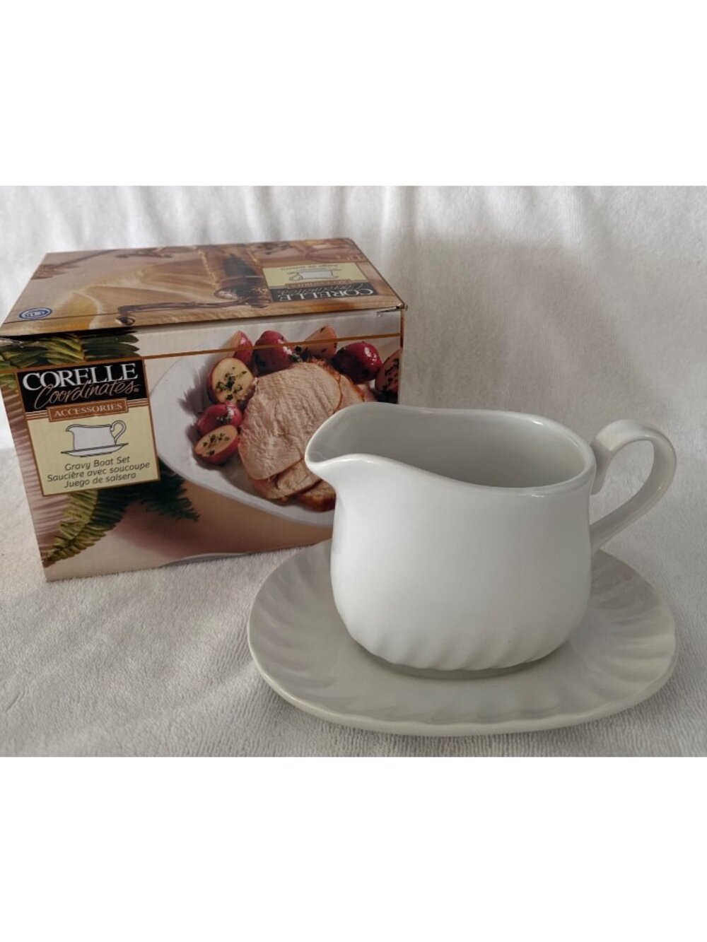 Corelle Coordinates Gravy Boat & Saucer Set White Stoneware NIB